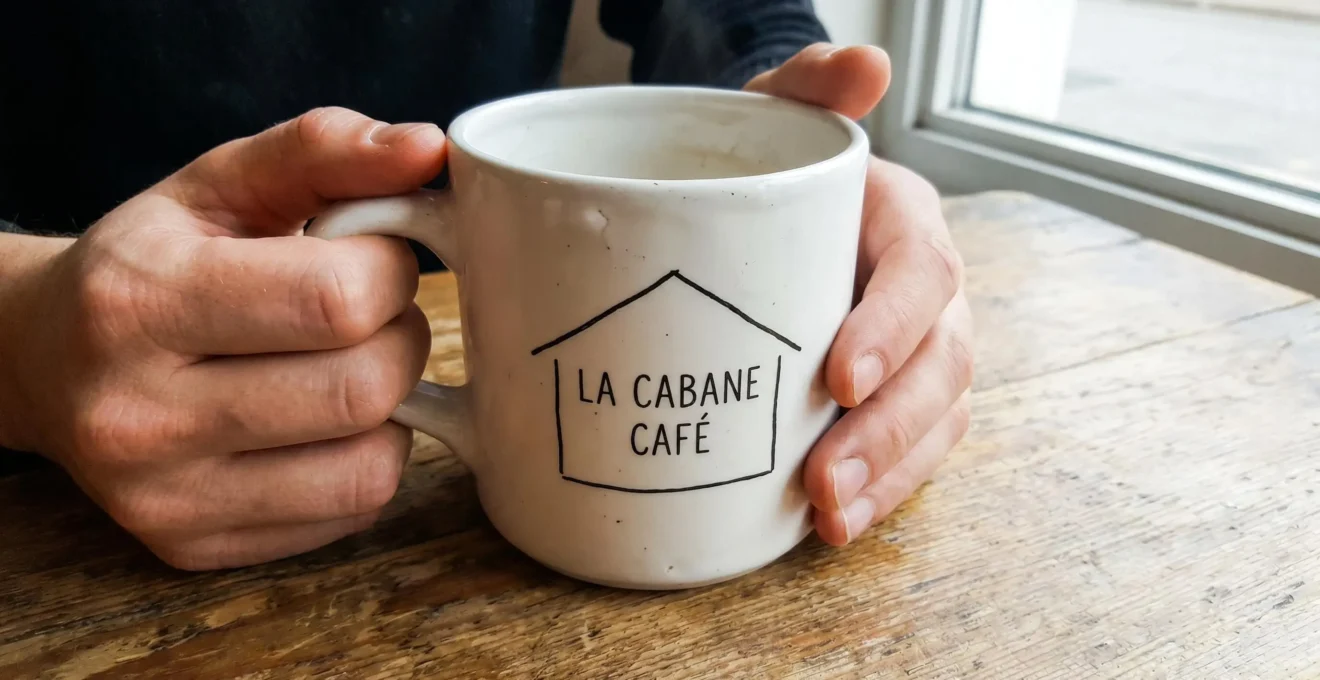Gros plan sur un mug en céramique blanche tenu dans les mains, montrant un logo personnalisé de haute qualité imprimé en noir.