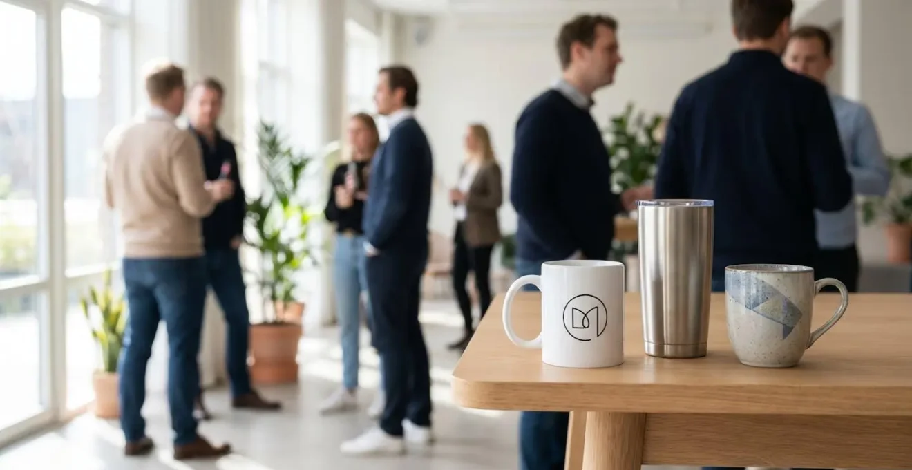 Trois mugs publicitaires élégants en céramique, inox et grès disposés sur une table en bois lors d