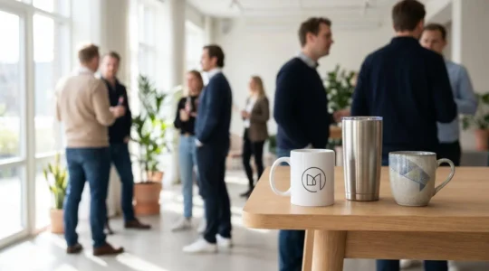 Trois mugs publicitaires élégants en céramique, inox et grès disposés sur une table en bois lors d