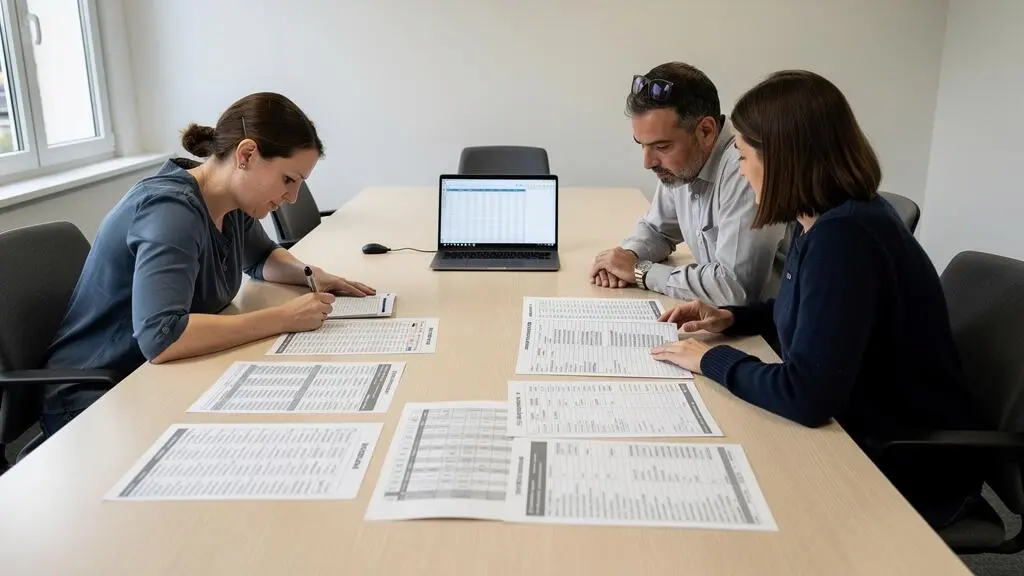 Une équipe projet examine des grilles de données produits imprimées autour d'une table lors d'un atelier de structuration.